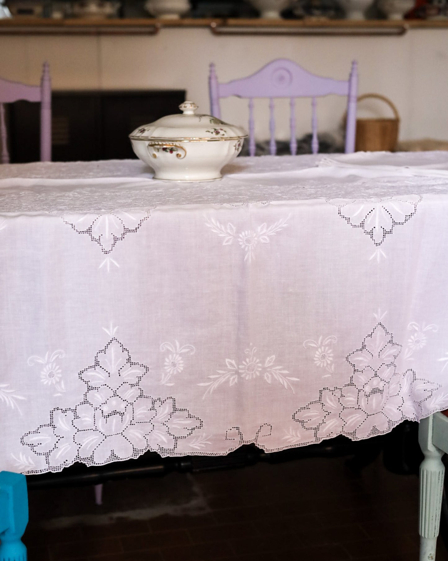 Tovaglia in Lino con Sfilato Siciliano — 12 Tovaglioli — cm 240×162