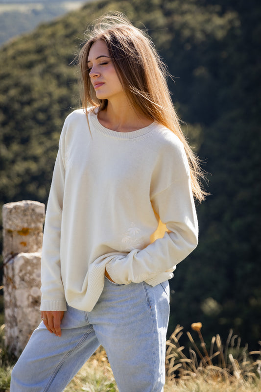 ROSA 23.23 — Maglia girocollo ricamata in lana vergine Botto Giuseppe 140s, finezza 7 — Laboratorio artigianale e ricamificio veneto, Made in Italy