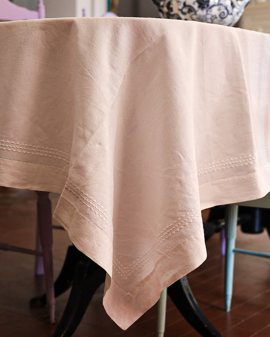 Tovaglia in lino bianco con 12 tovaglioli ricamo geometrico