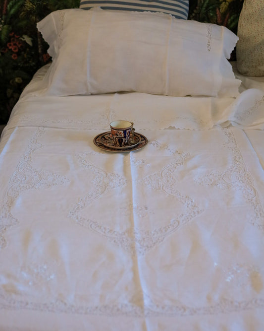 Completo letto singolo lenzuolo con copriletto lino con ricamo burano