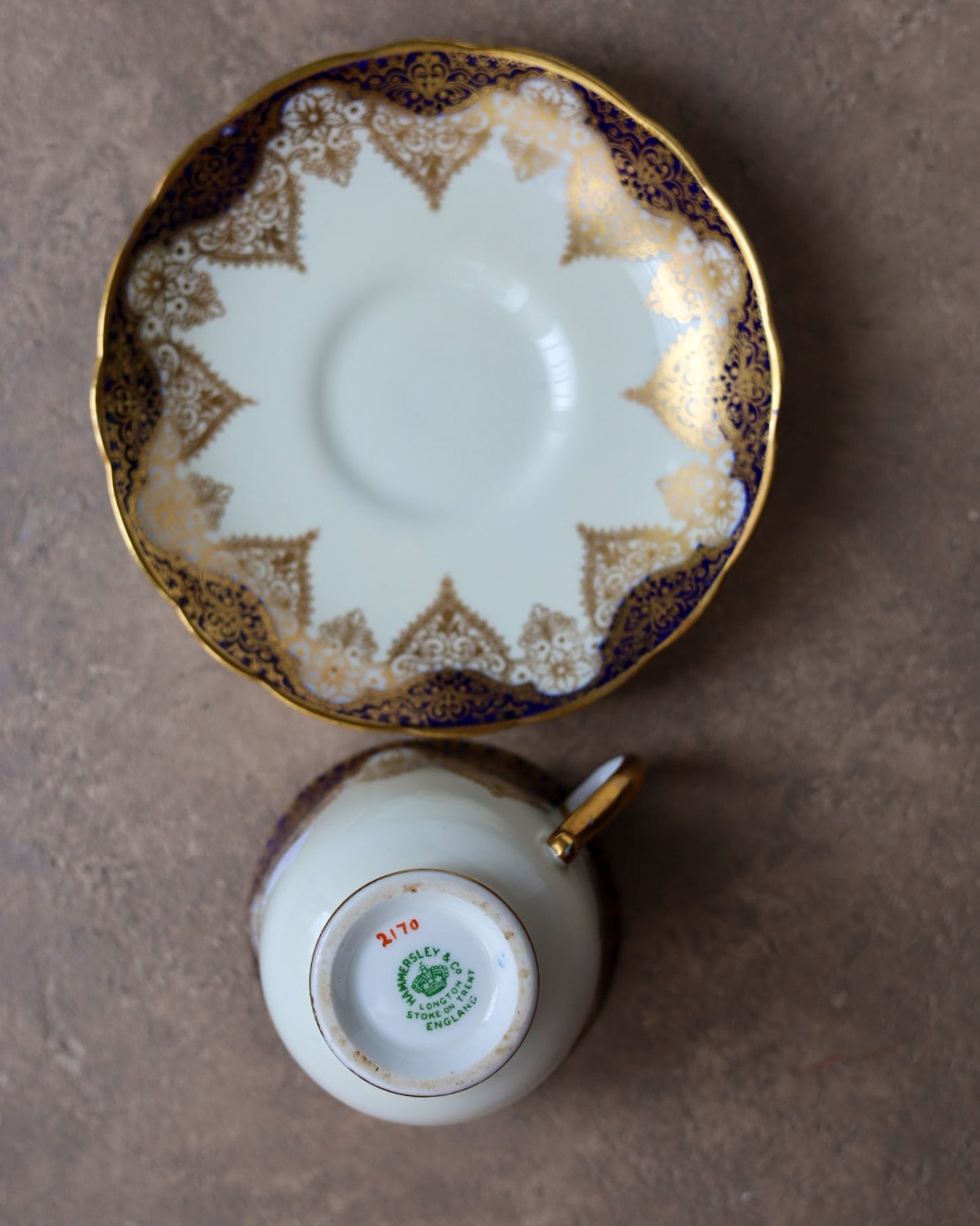 Set Tête-à-Tête da Colazione Hammersley — Porcellana Inglese con Filettature Cobalto e Oro — Stoke-on-Trent