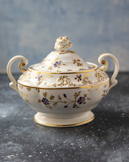 Zuccheriera Georgiana - Porcellana Inglese con Fiordalisi e Decorazioni in Oro - Primi 1800