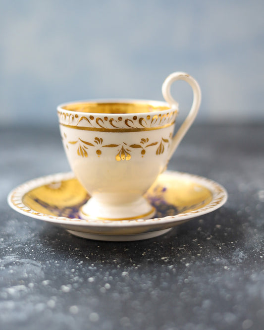 Tazzina da Cioccolata Inglese - Decoro Blu Cobalto e Oro su Fondo Giallo - Primi/Metà 1800