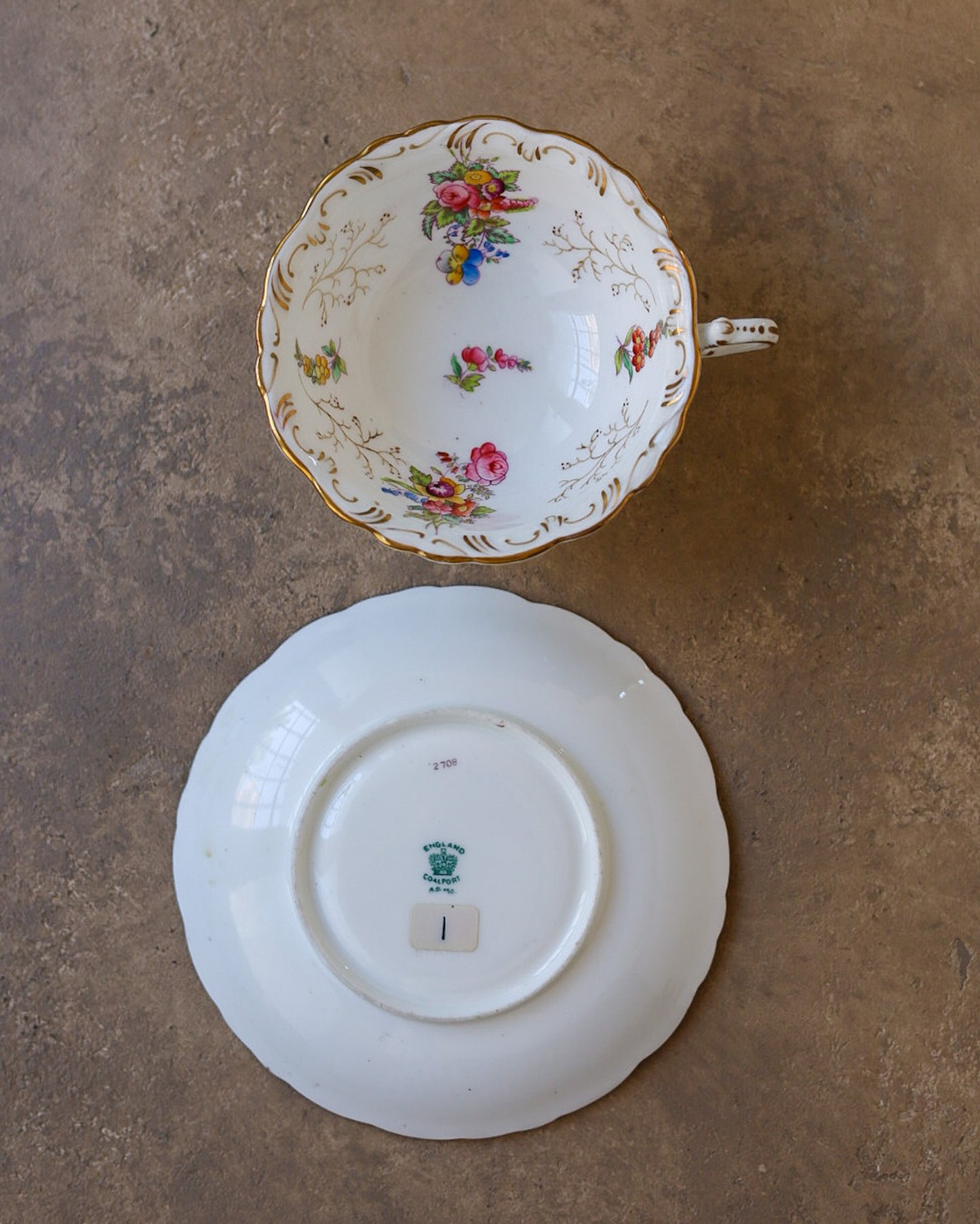 Tazza da Tè con Piattino Coalport — Bouquet Dipinto a Mano — Pieno XIX Secolo