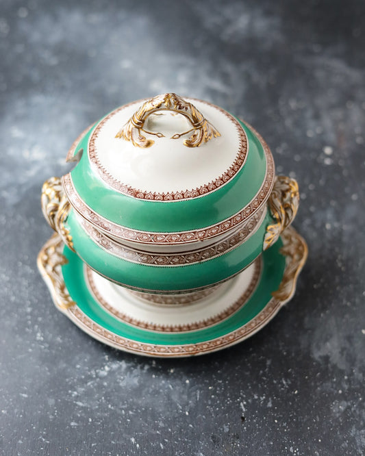 Salsiera con Coperchio e Piattino - Verde Smeraldo e Oro - Bone China - Metà 1800