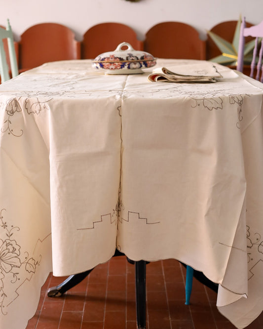 tovaglia in misto lino avorio con ricamo grigio e 12 tovaglioli