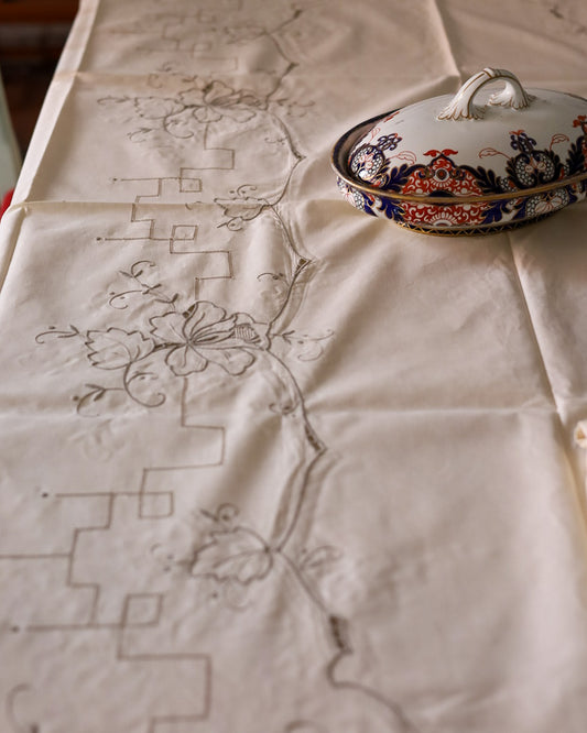 tovaglia in misto lino avorio con ricamo grigio e 12 tovaglioli