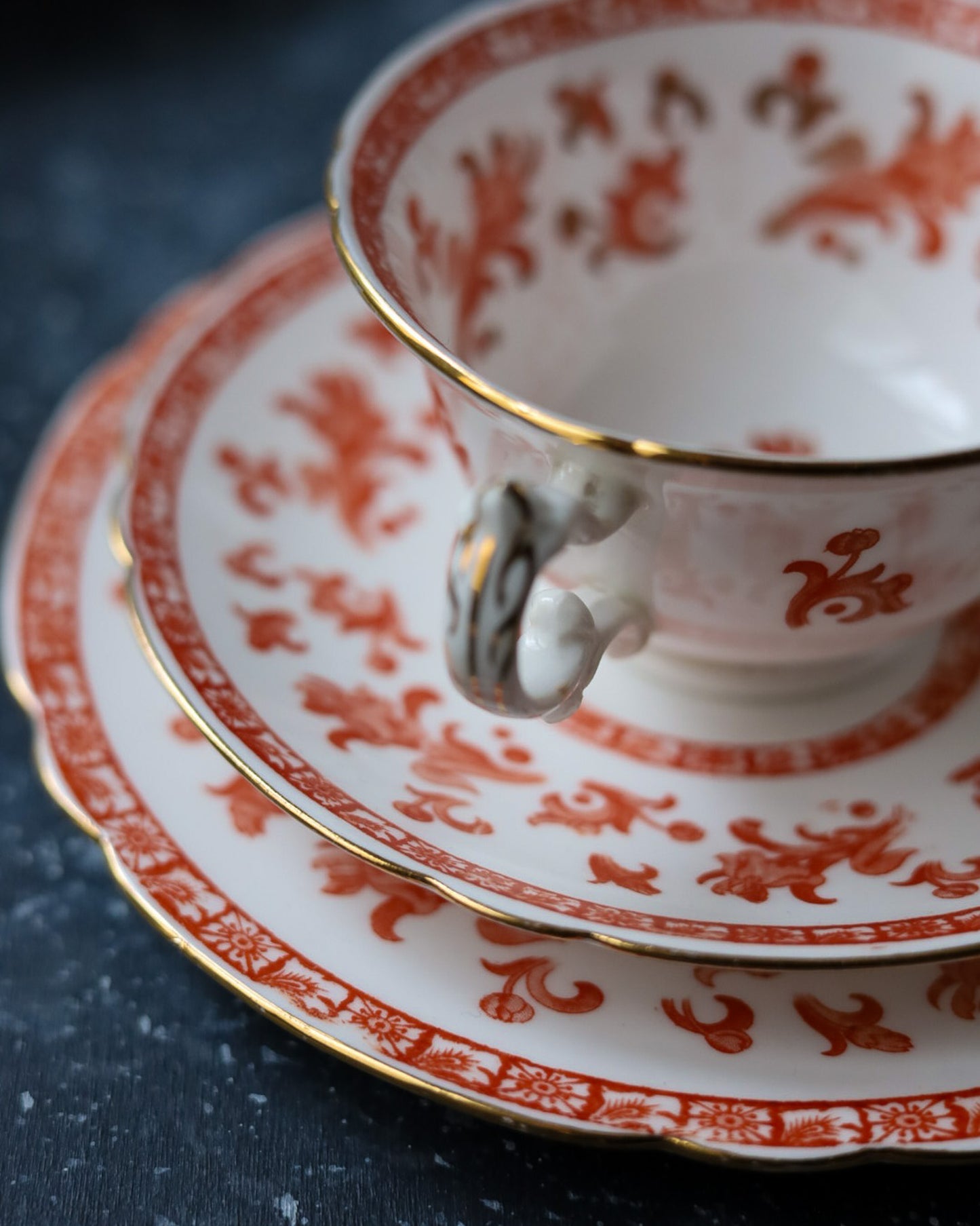 Set di 4 Trio The Foley China - Decoro Orientale Rosso Ferro - Bone China - Inghilterra, Fine 1800/Inizi 1900
