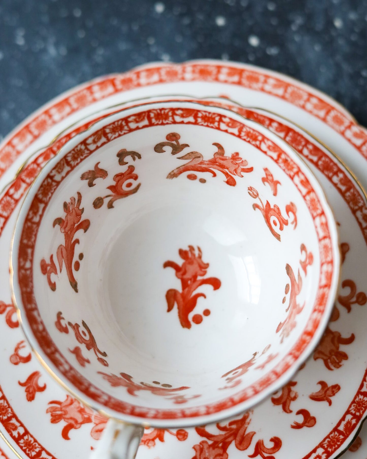 Set di 4 Trio The Foley China - Decoro Orientale Rosso Ferro - Bone China - Inghilterra, Fine 1800/Inizi 1900