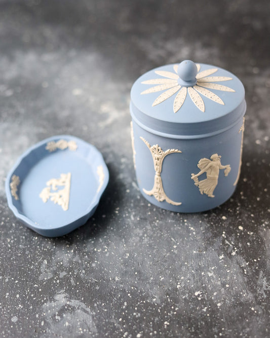 Set da Bagno Wedgwood Jasperware - Barattolo con Coperchio e Vassoio - Blu Classico - Inghilterra