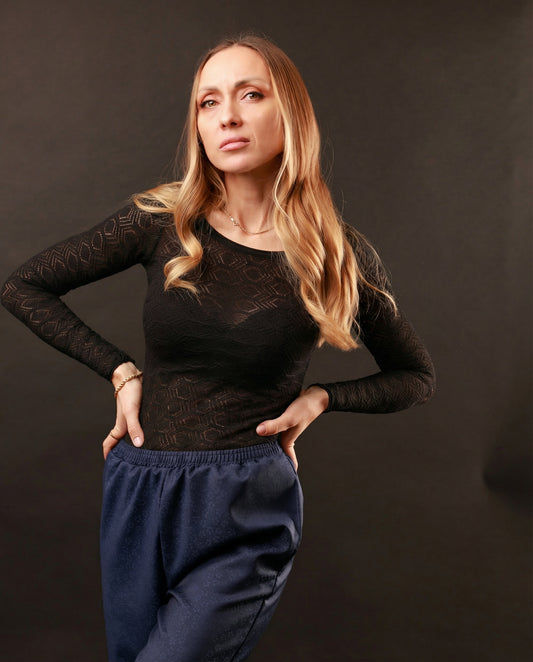 Maglia in pizzo di lana a rombi  collo tondo lavabile in lavatrice - Heyfoo