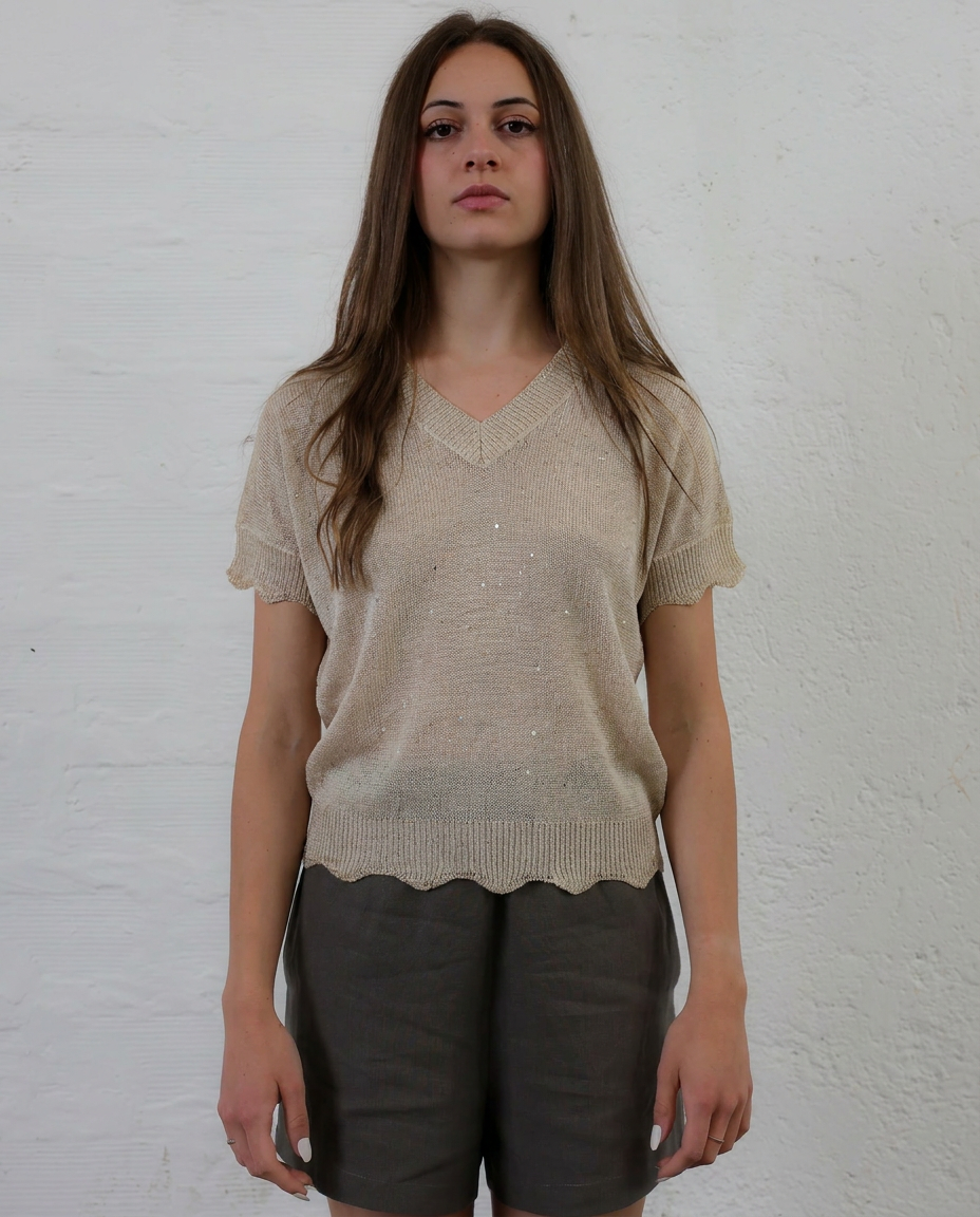 MIRZA 28.28 — Maglia con Micropaillettes in Lino e Cotone Makò — Filatura Italiana, Maglificio Veneto, Made in Italy