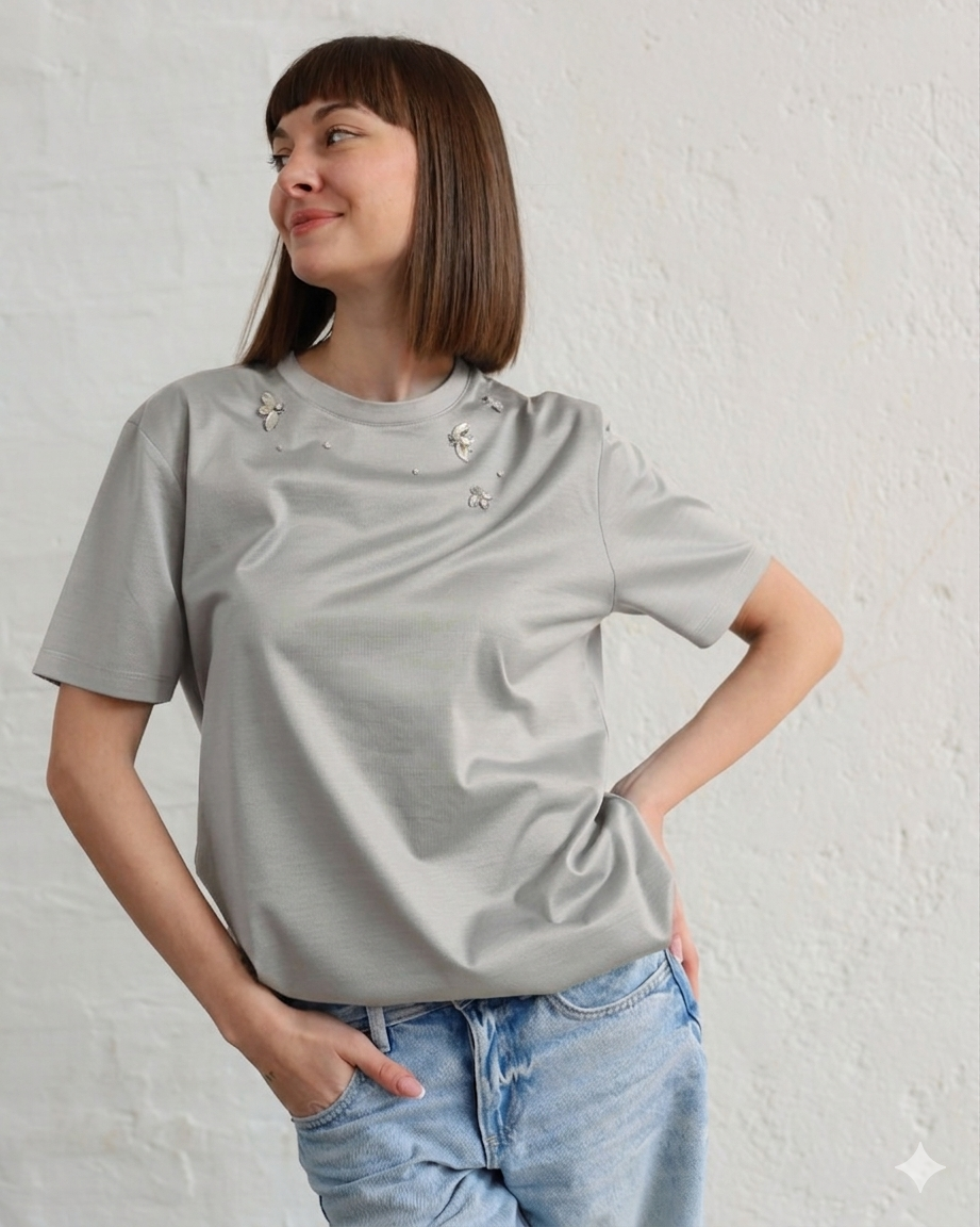 HY 33.33 — T-shirt in Cotone Filo di Scozia — Ricamo a Mano, Manifattura Made in Italy