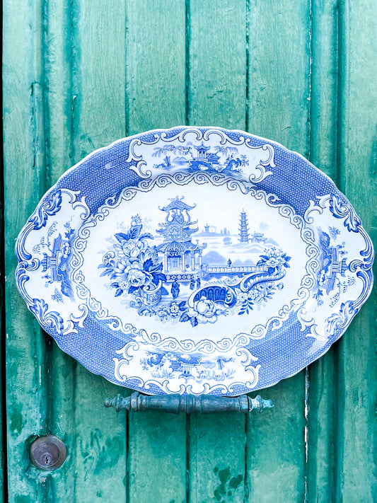 Vassoio porcellana inglese con paesaggio orientale azzurro